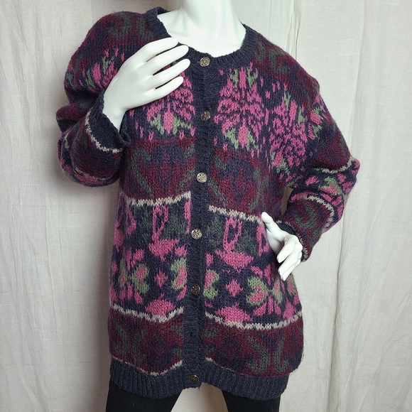 Vintage M.A.T. Women L Cardigan Jacket Pink Mohair Nordic Fair Isles Fully Lined - Picture 2 of 16